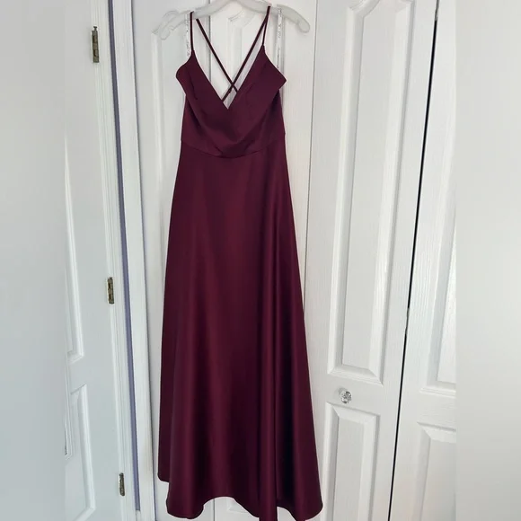 open lace back dress Deep V Neck Dark Red Satin Long Prom Dresses, Dark Red Satin Formal Ev –  jbydress main image 0